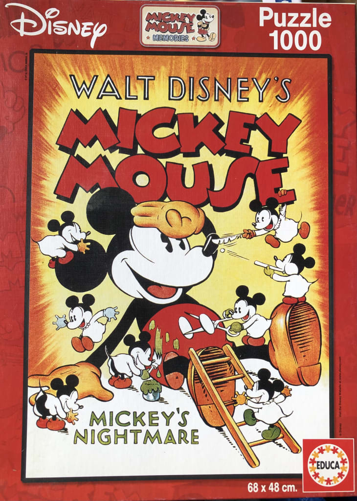Classic Mickey Mouse illustration featuring smaller versions of Mickey painting and interacting with a giant sleeping Mickey.