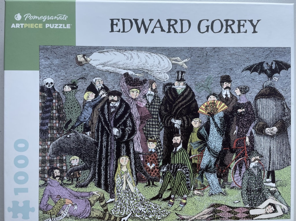 An ink and wash illustration by Edward Gorey depicting a surreal, Victorian-era crowd on a grassy field.
