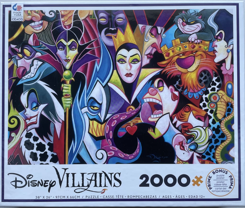 A collage of famous Disney villains in a vibrant, stylized art print.