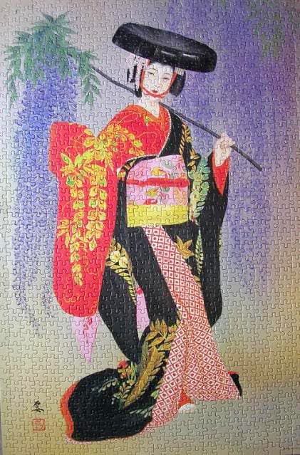 A ukiyo-e style illustration of a woman in a kimono standing beneath wisteria branches.