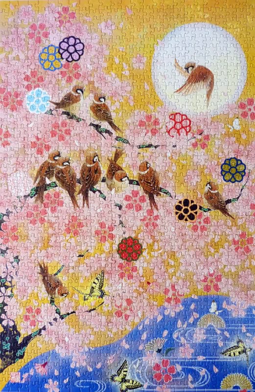 A Japanese-style illustration of brown sparrows perched on cherry blossom branches against a golden moonlit background.