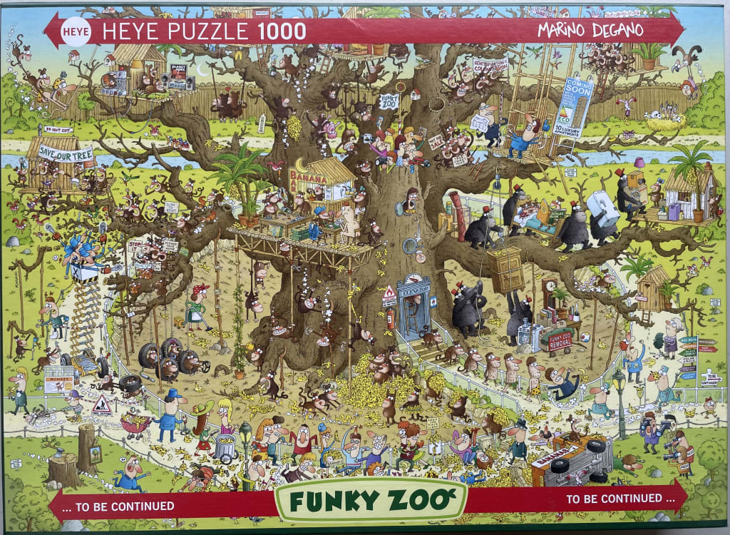 A busy cartoon illustration of monkeys and humans interacting in a large tree habitat filled with construction and signs.