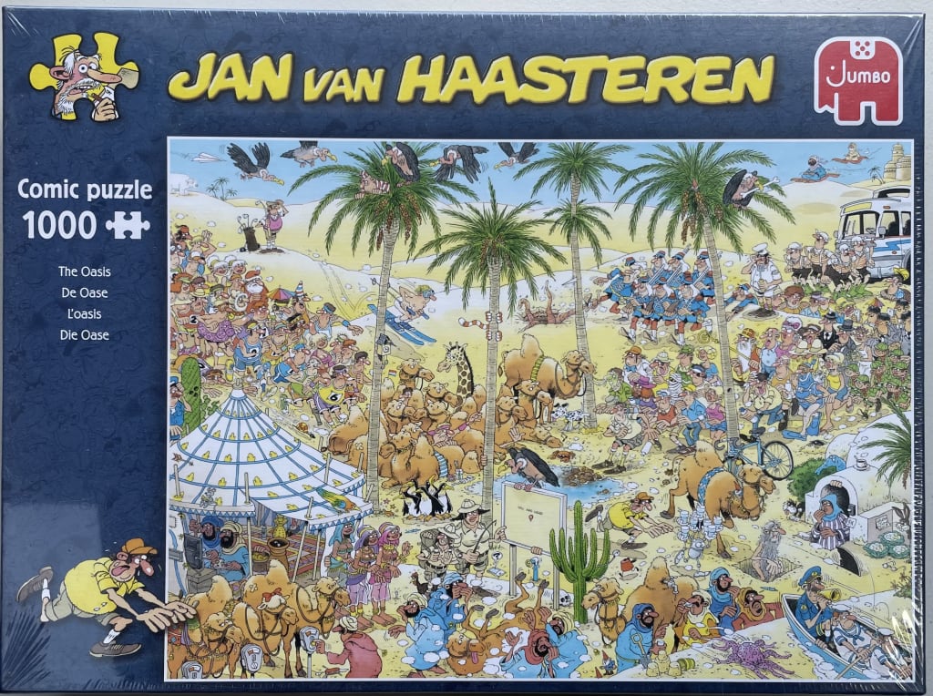 Busy, humorous cartoon illustration of a chaotic scene at a desert oasis filled with camels and quirky characters.