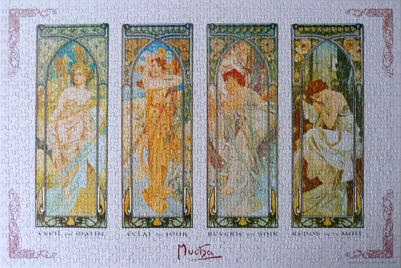 An Art Nouveau style print featuring four tall panels representing the times of day, with figures in ornamental arches.