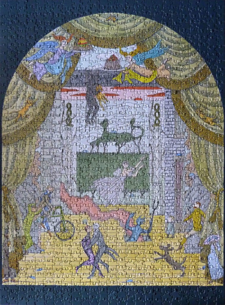 An illustration of a surreal theatre scene featuring varied characters, winged figures, and decorative golden curtains.