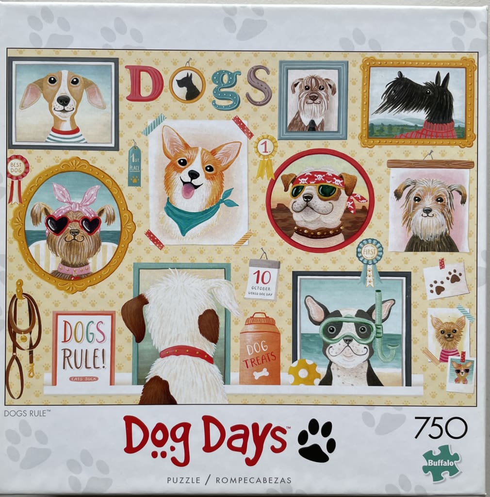 A collage of various dog portraits in different frames and styles against a paw-print patterned background.