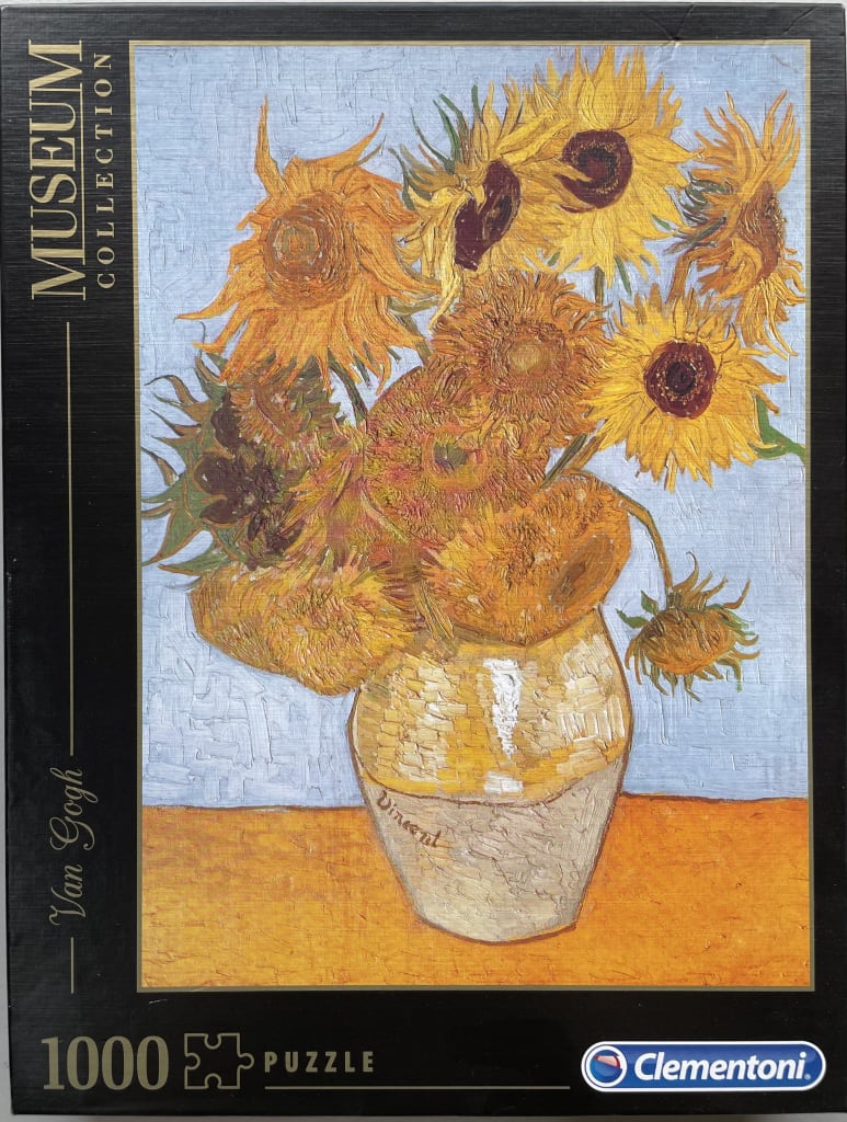Still life oil painting of sunflowers in a yellow vase by Vincent van Gogh