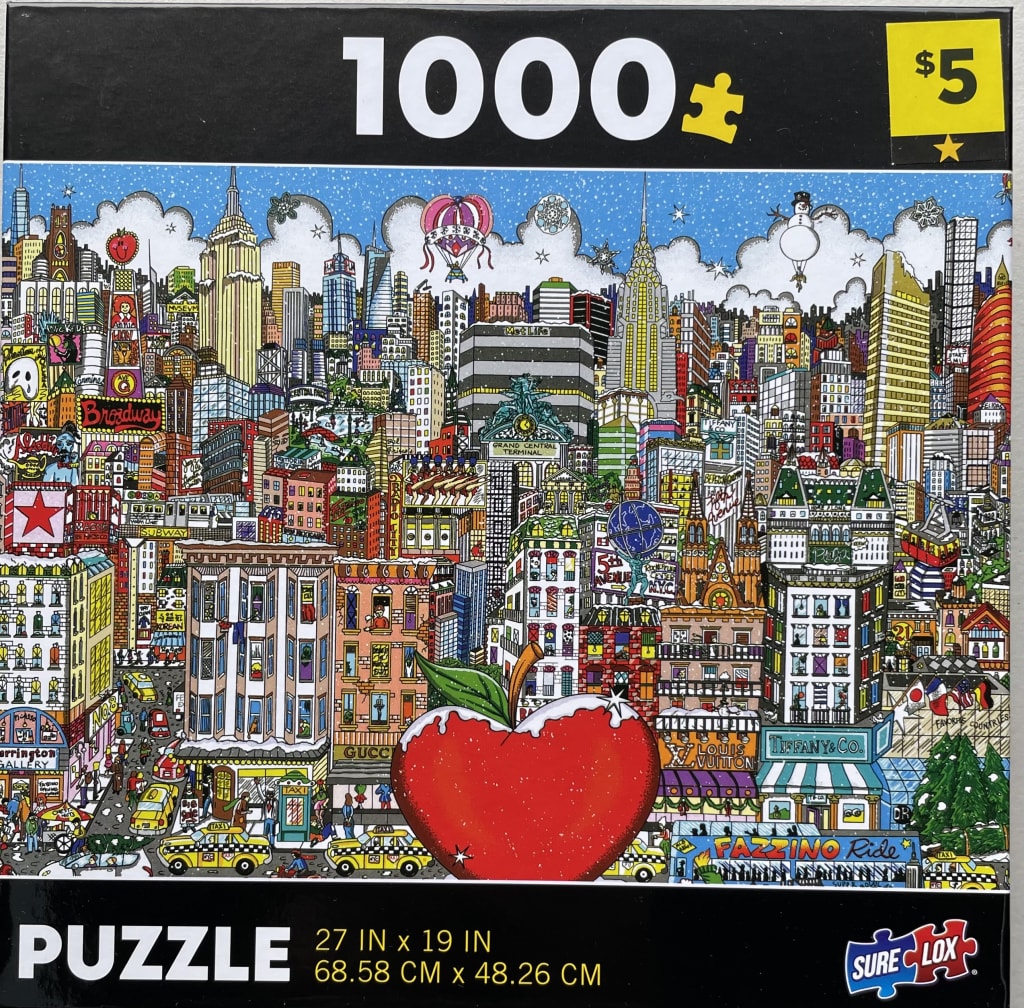 A vibrant, 3D-style illustration of the New York City skyline in winter, featuring a giant red apple in the foreground.
