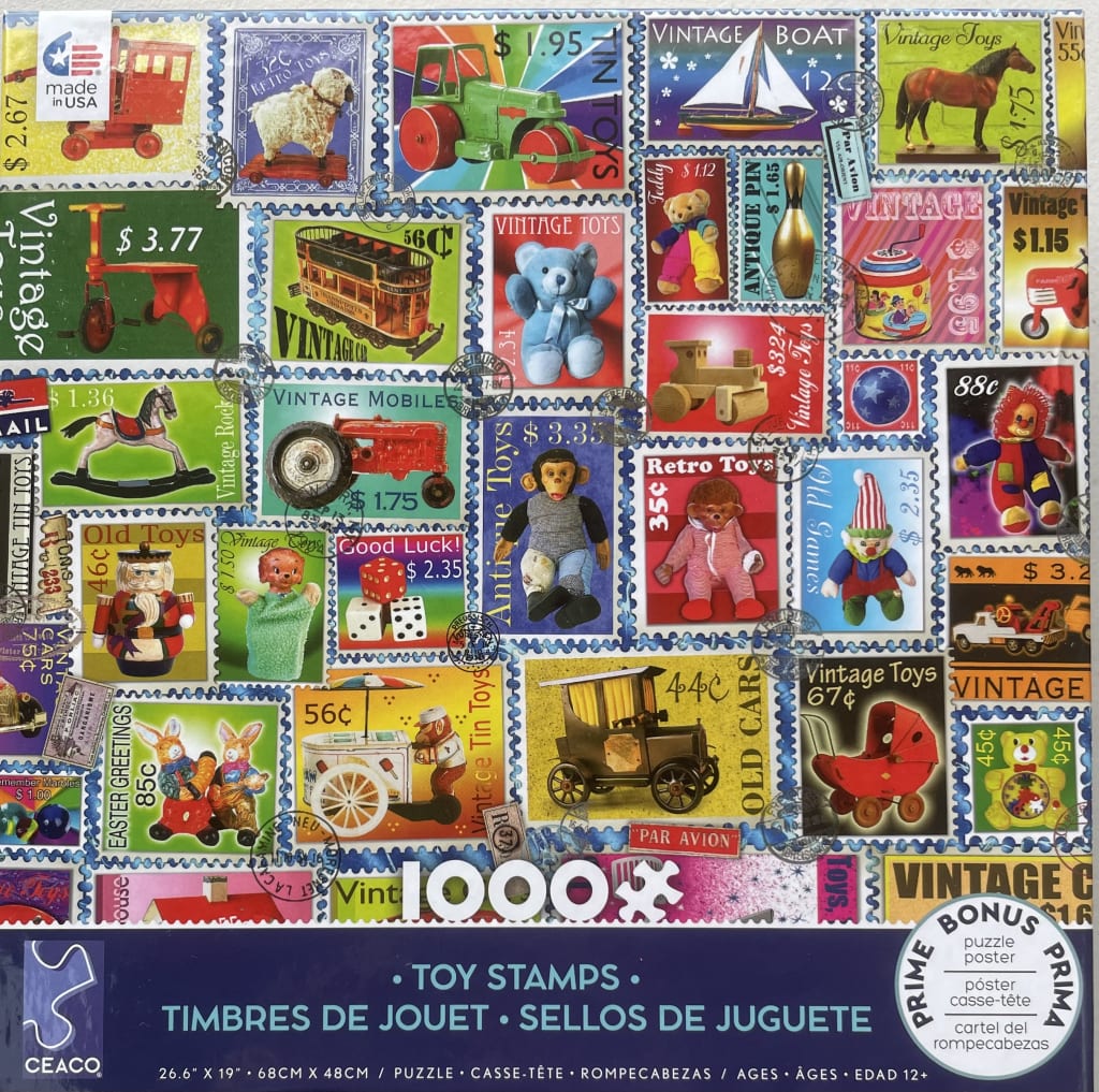 A collage of vintage toy postage stamps featuring various playthings like rocking horses, tin cars, and teddy bears.
