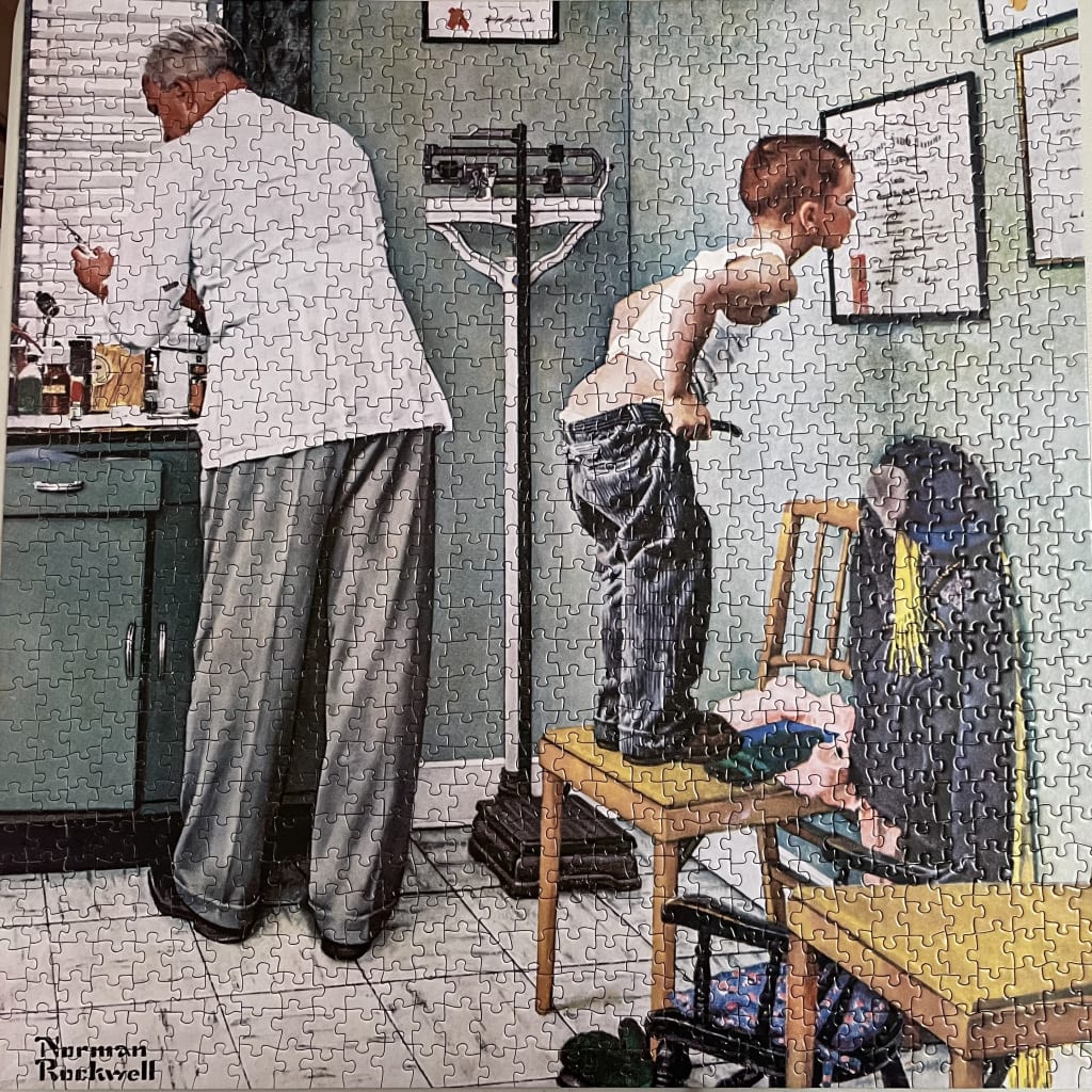 Illustration of a doctor looking at a chart while a young boy stands on a chair in a medical office.