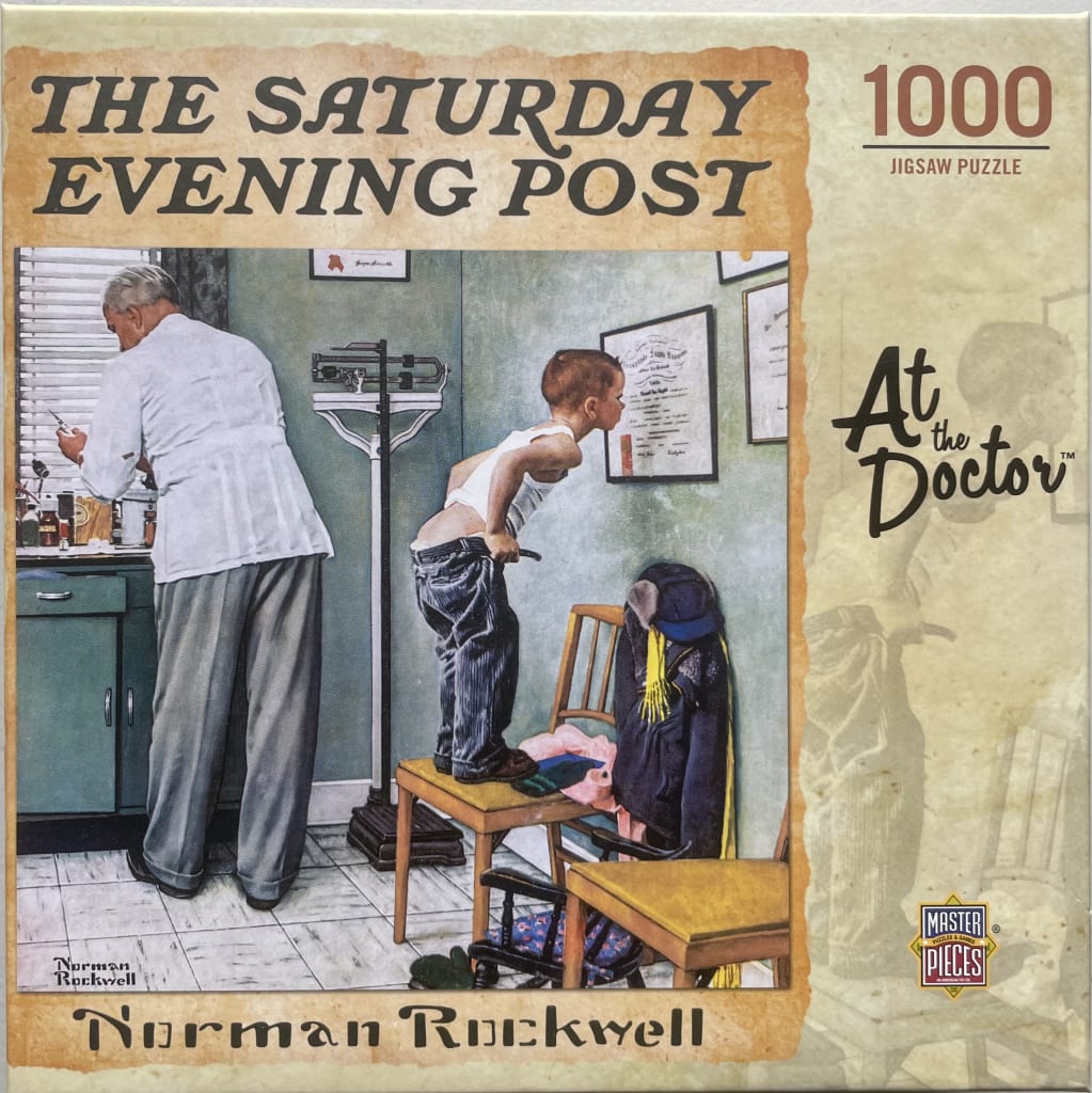 A Norman Rockwell illustration of a doctor preparing a shot while a young boy stands on a chair to read a framed diploma.