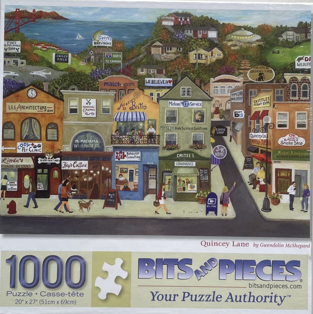 A detailed folk-art style illustration of a busy city street corner with various small businesses and a hilly background.