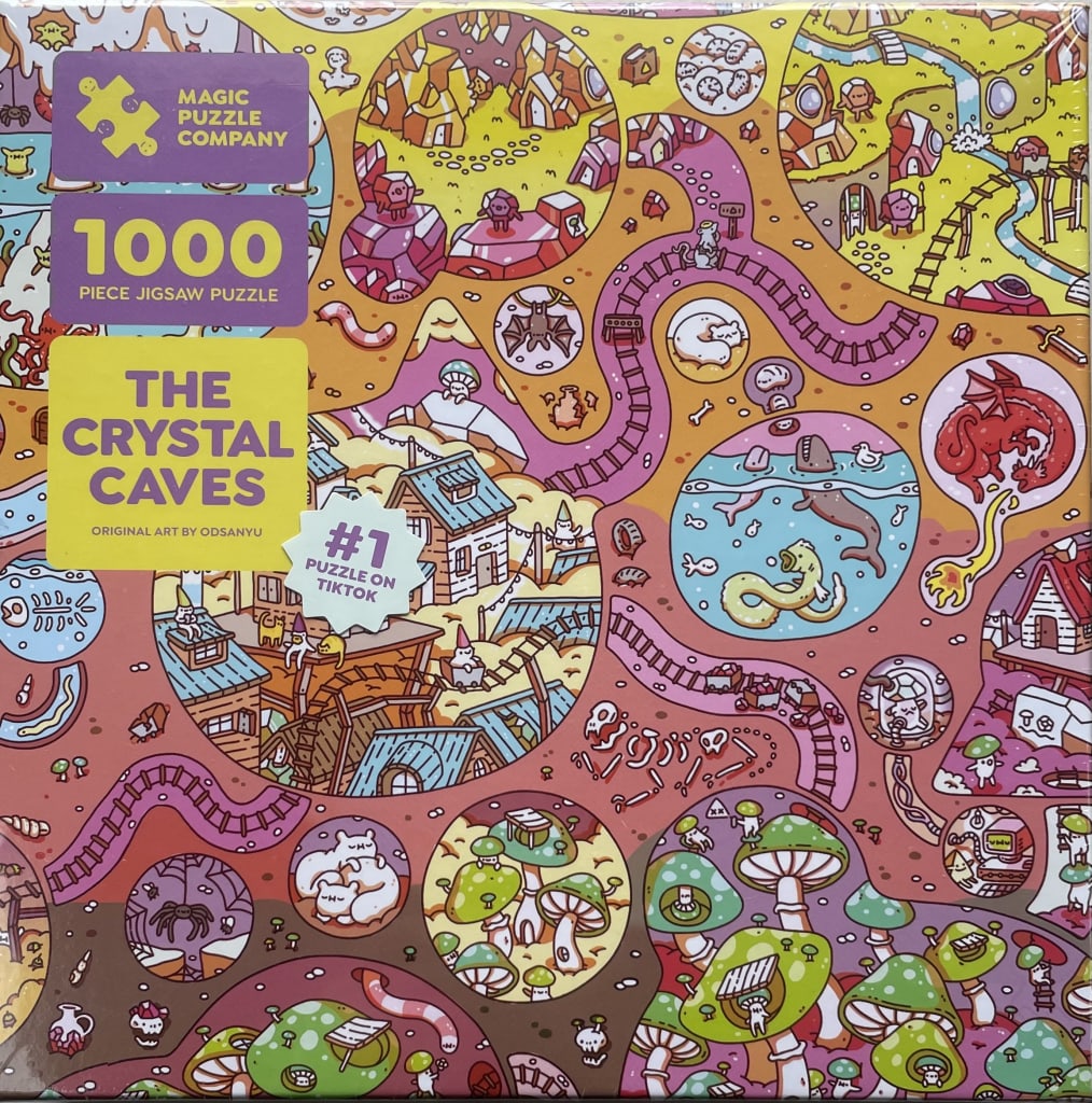 Whimsical illustration of a subterranean world titled The Crystal Caves, featuring varied circular vignettes.