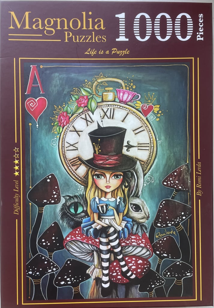 Artistic illustration of a young girl in a top hat sitting on a mushroom in a fantastical Wonderland-themed scene.