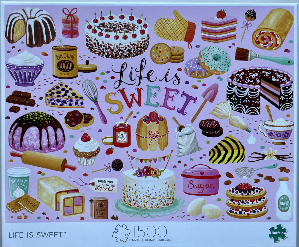 A whimsical illustration of various baked goods and kitchen items scattered on a soft purple background.