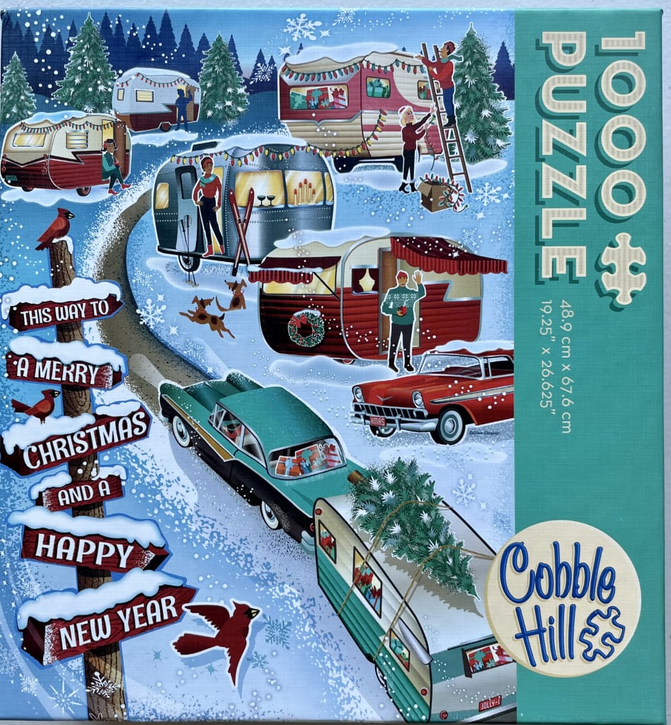 A whimsical illustration of a snowy campsite with vintage campers, classic cars, and Christmas decorations.
