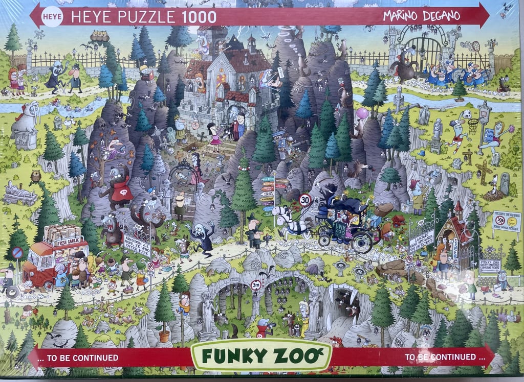 A whimsical cartoon illustration of a busy, spooky cemetery filled with humorous monsters and visitors.