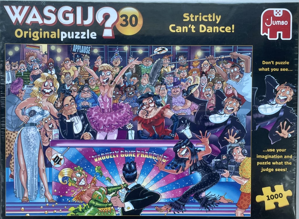 A comedic cartoon illustration of a chaotic television dance competition, featuring judges, contestants, and a crowd.