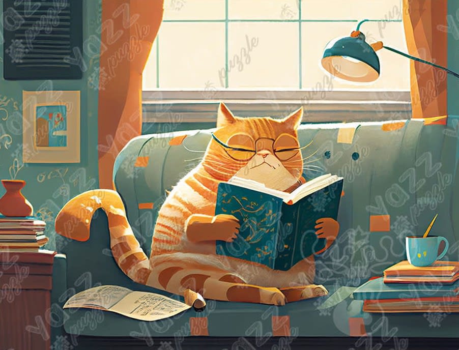 An orange tabby cat sitting on a couch reading a book.