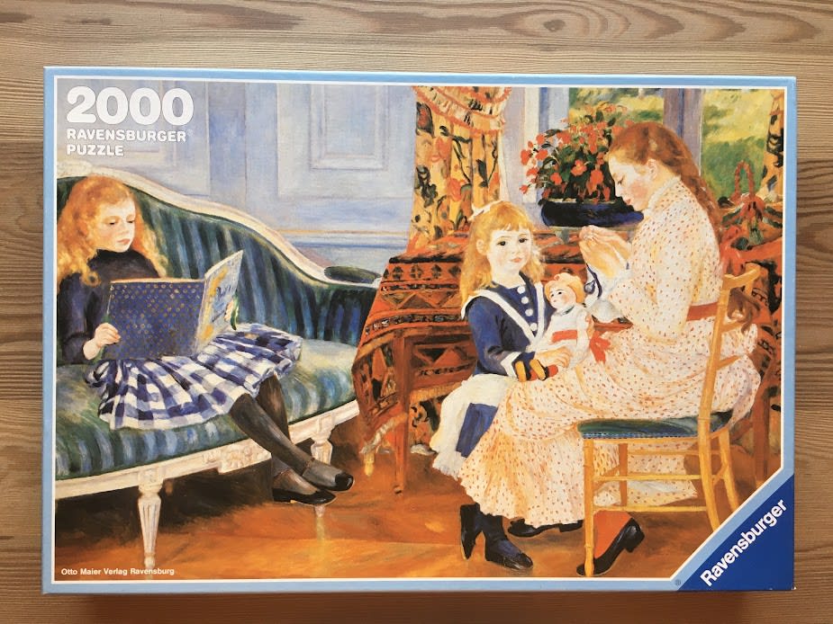 Impressionist painting of three young girls in an interior setting, one reading on a sofa and two sitting by a table.