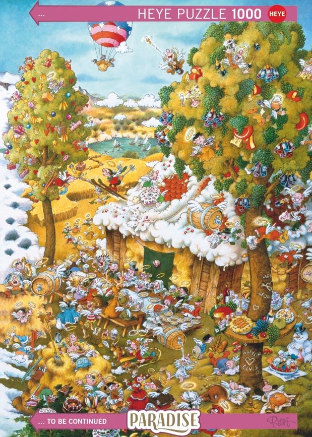Whimsical cartoon illustration of a lively heavenly scene with angels, trees, and a mountain landscape.