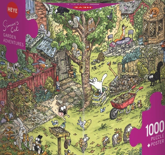 Whimsical garden scene with cats, dogs, squirrels, and birds amidst a cluttered yard.