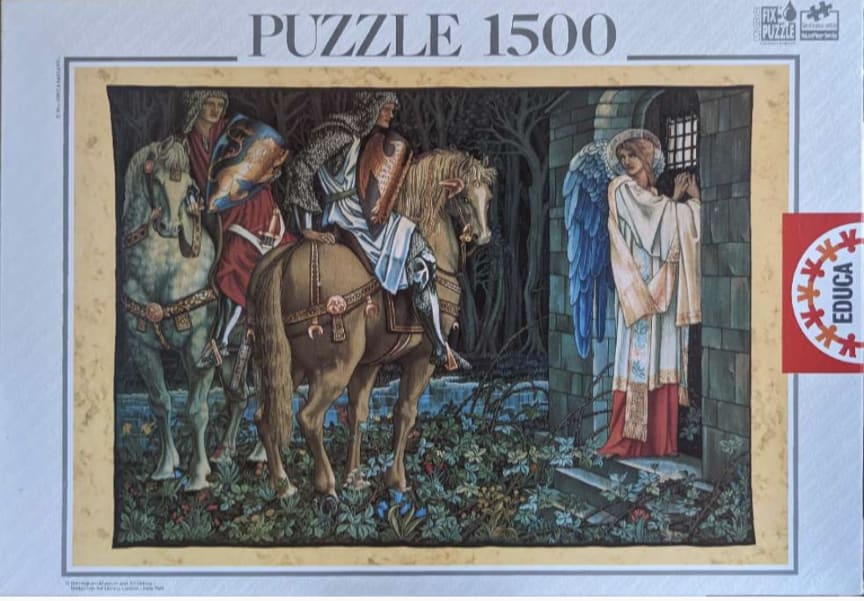 An illustration of two armored knights on horseback encountering an angel in a stone doorway within a dark forest.