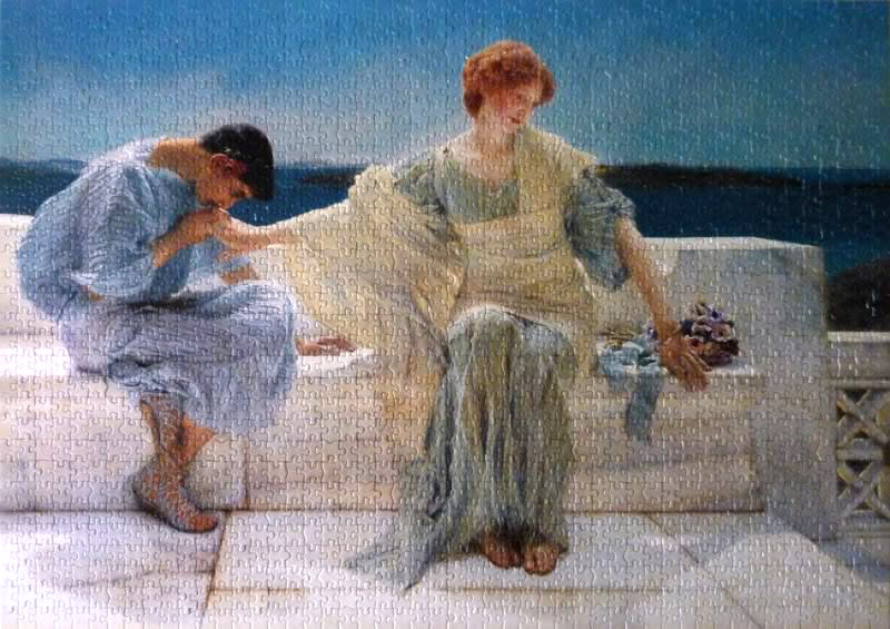 A romantic oil painting of a man kissing a woman