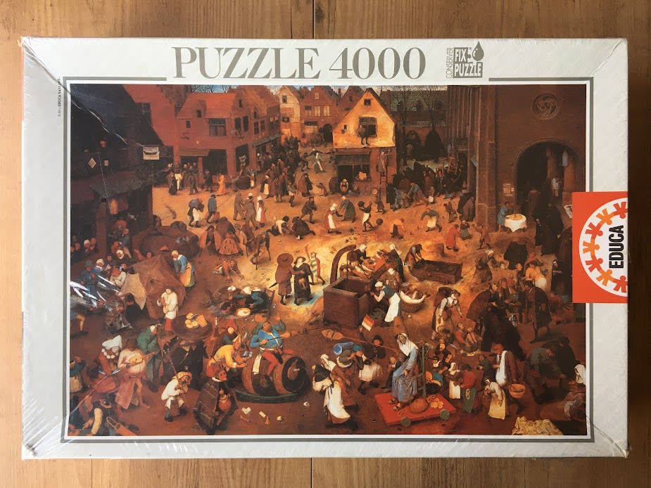 A bustling village festival scene in a 16th-century painting style with many small figures in earthy tones.