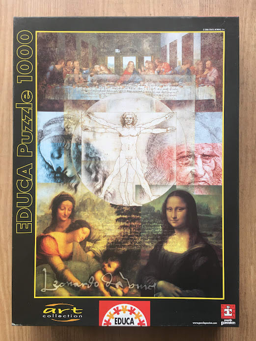 A montage of Leonardo da Vinci artworks including The Last Supper, Vitruvian Man, and the Mona Lisa.