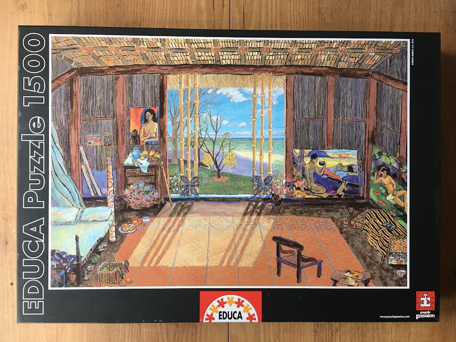 A Gauguin-inspired illustration of a tropical interior looking out onto a bright, sunlit coastal landscape.
