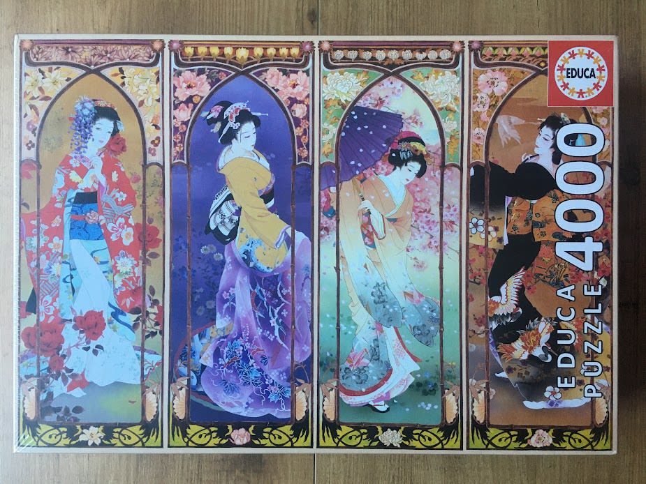 Four vertical panels featuring elegant Japanese geisha figures in traditional kimonos, presented in an Art Nouveau style.