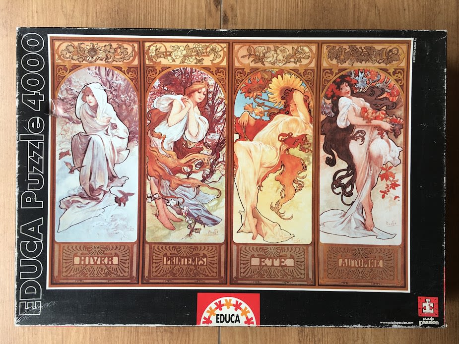 Art Nouveau illustration of four women representing the seasons: winter, spring, summer, and autumn.