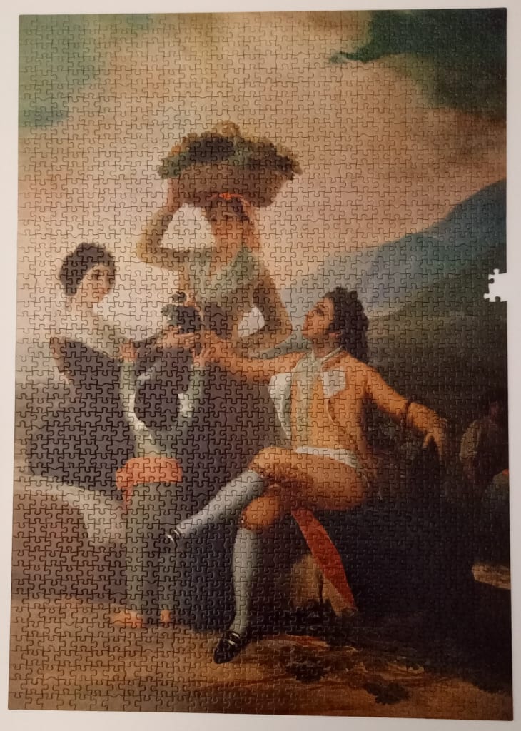 Classic painting showing three figures interacting in a rural setting, titled The Grape Harvest by Goya.