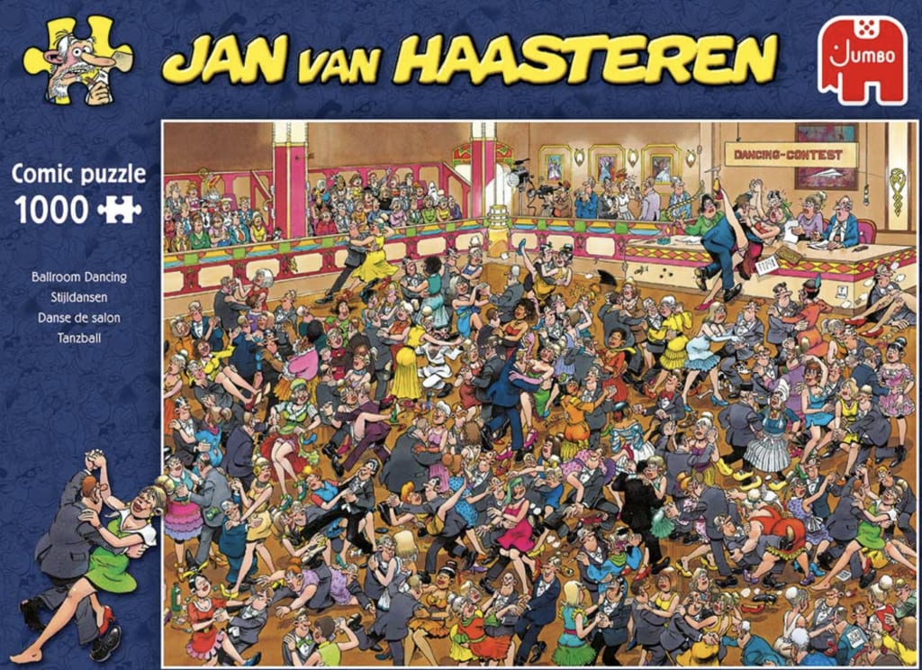 A crowded, humorous cartoon scene of a chaotic ballroom dancing contest.