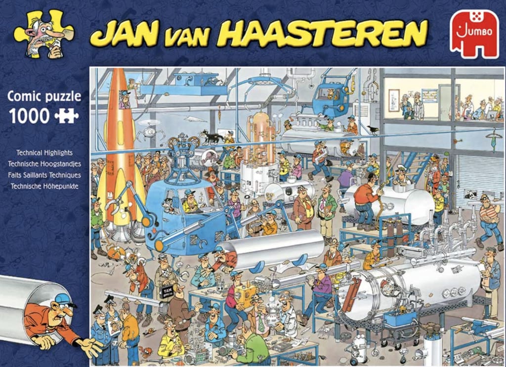 A busy, chaotic industrial laboratory cartoon filled with workers, machinery, a rocket, and humorous mishaps.