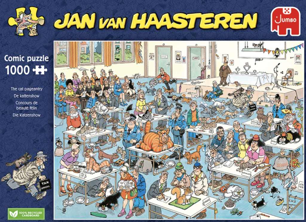 A crowded comic illustration of a chaotic cat show filled with people and various cats in a large room.
