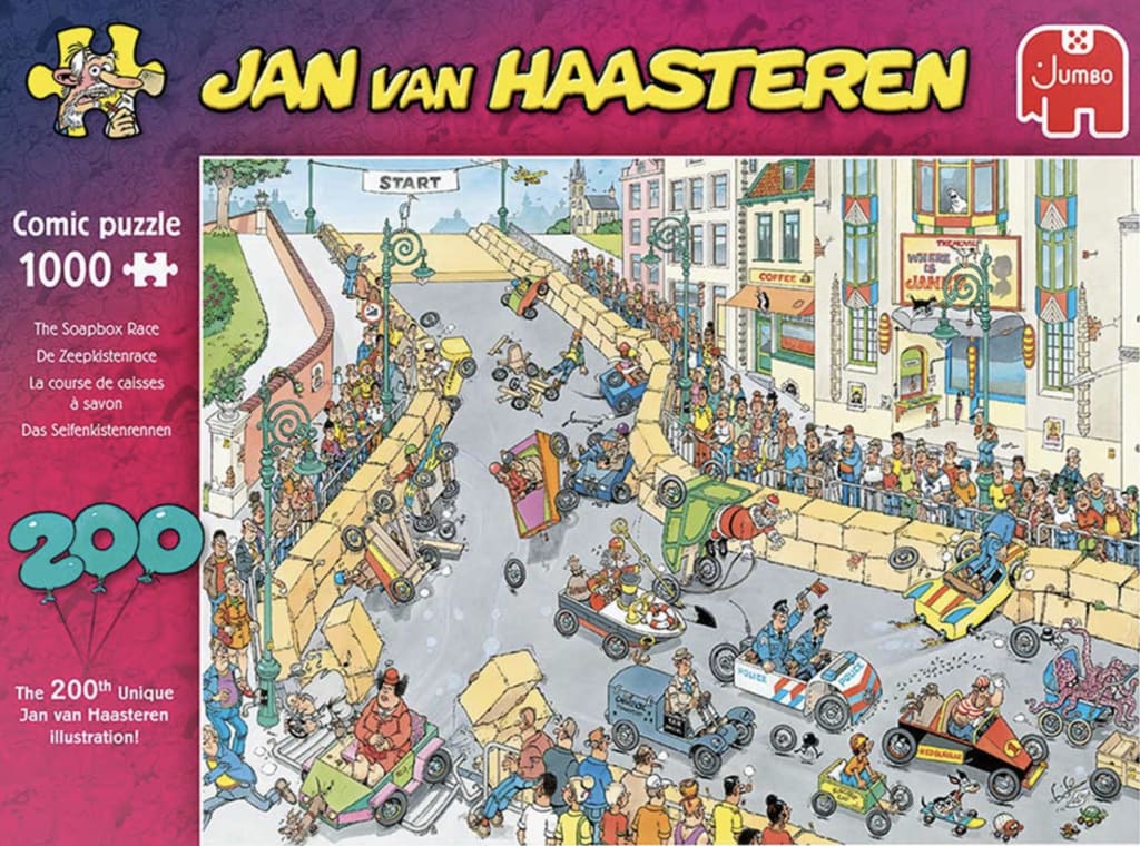 A chaotic, comedic illustration of a soapbox derby race winding through a town street.