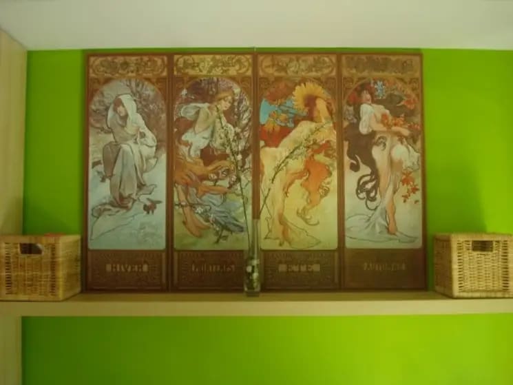 Art Nouveau illustration depicting four seasons as women in long flowing garments against a bright lime green wall.