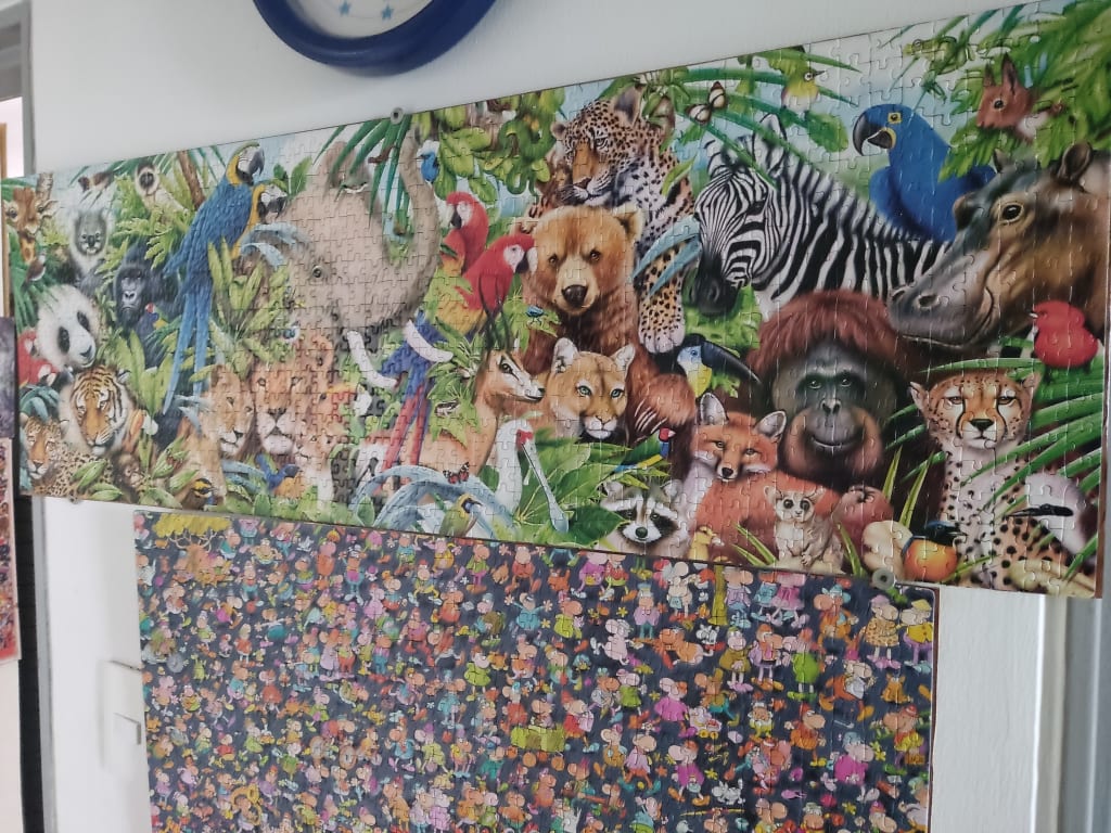 A panoramic illustration densely packed with diverse wild animals in a lush, green jungle environment.