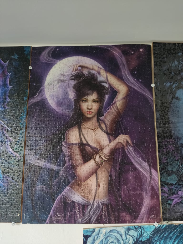 A fantasy illustration of a woman in purple robes posing against a large full moon at night.
