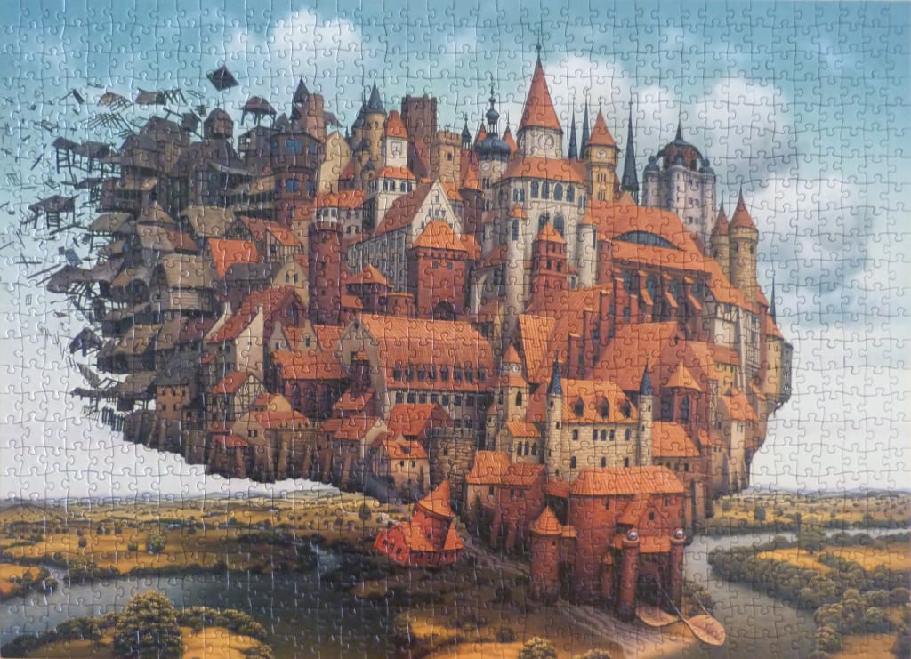 An illustration of a fantastical medieval city floating in the sky above a rural landscape.