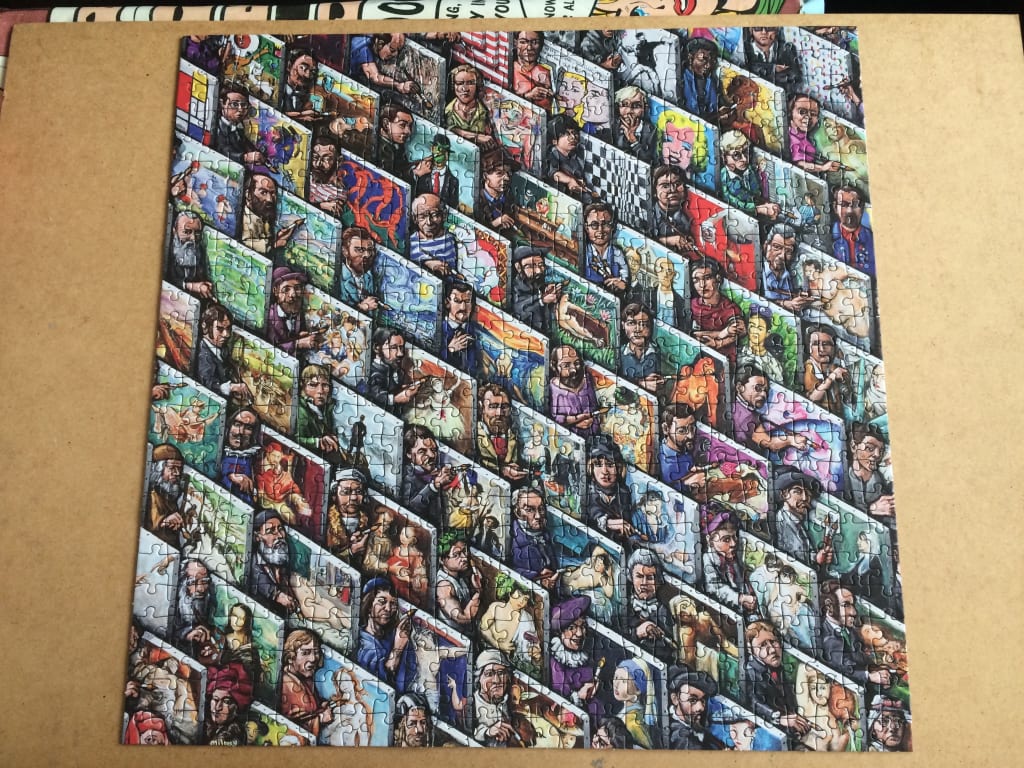 A dense illustration of famous artists painting their most iconic masterpieces in a diagonal perspective.
