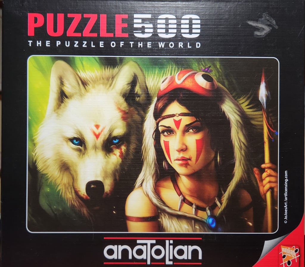 A digital illustration of a woman with face paint and a wolf with piercing blue eyes standing in a forest.