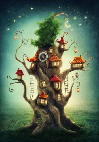 An illustration of a large, gnarled tree house with multiple dwellings nestled in its branches at night.