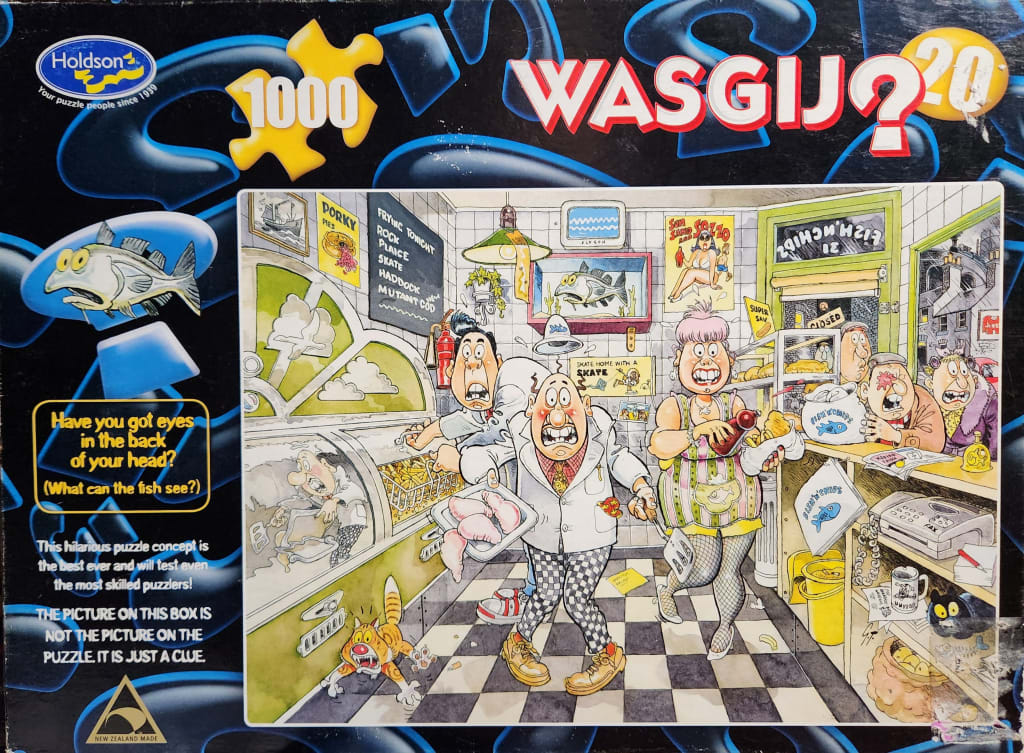 Cartoon illustration of a chaotic, humorous scene inside a fish and chip shop with shocked customers and staff.
