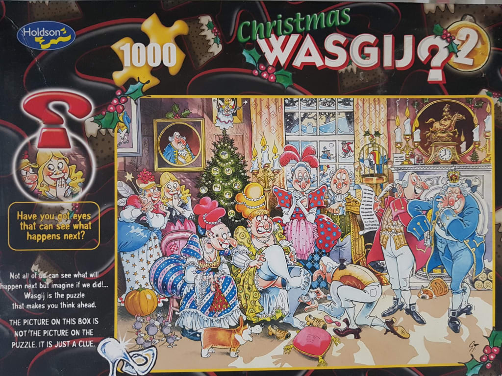 A cartoon illustration of a humorous Christmas ball scene where a man is trying to put a glass slipper on a woman