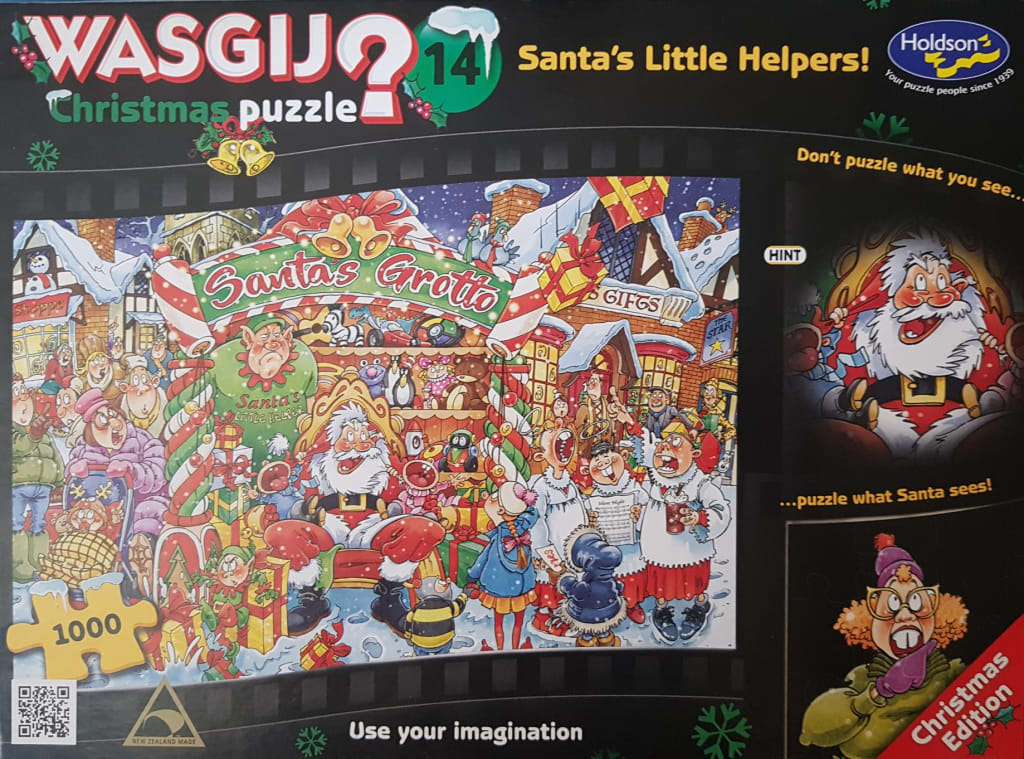Cartoon illustration of a chaotic Santa's Grotto scene filled with busy elves, singing children, and a surprised Santa.