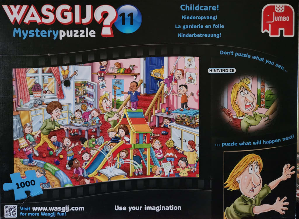 A humorous cartoon illustration of chaotic scenes inside a daycare facility with many children and a stressed caregiver.