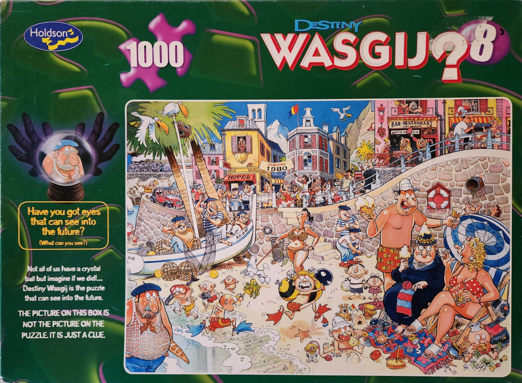 A cartoon illustration of a busy, crowded 1980s beach scene featuring humorous characters and holiday activities.
